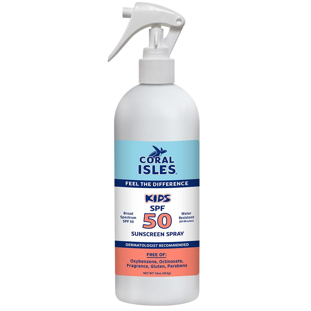 Coral Isles by Rocky Mountain Sunscreen | SPF 50 KIDS Spray | Broad Spectrum UVA/UVB Protection | Hawaii Reef-Safe Act Compliant | Oxybenzone & Octinoxate Free | Water Resistant 80 Min. | 16 Fl Oz