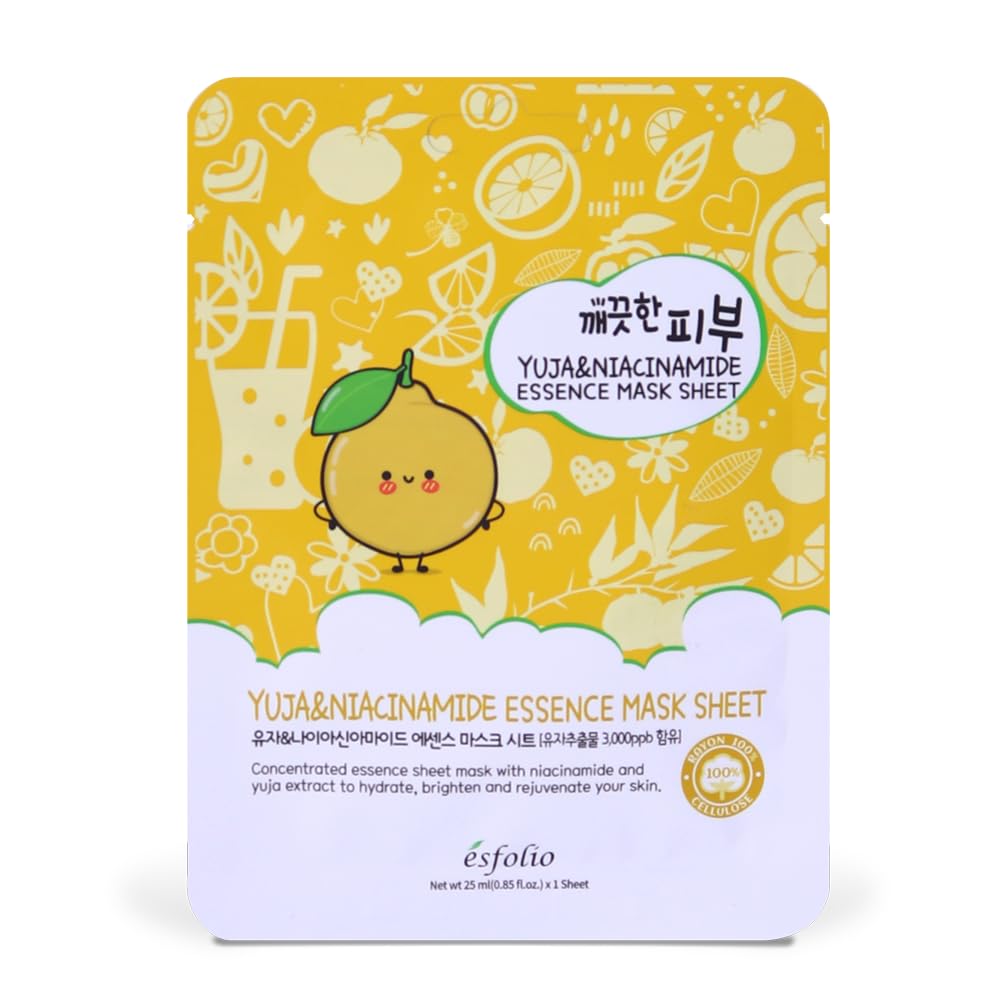 esfolio Yuja & Niacinamide Essence Mask – Hydrating Korean Sheet Mask with Vitamin C – Even Skin Tone, Glow-Boosting & Moisturizing Face Mask for Radiant, Smooth Complexion (Pack of 10)