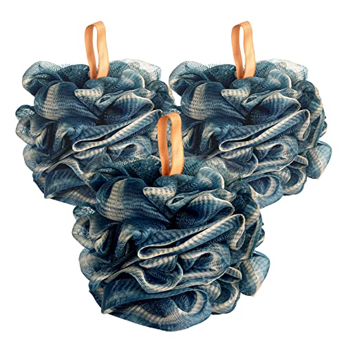 Fishent Bath Sponge Shower Loofahs, 3 Pack Soft Net Body Sponge, 60g/pcs Durable Mesh Mens Loofah Exfoliating Body Scrubber (Blue)