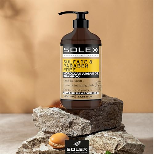 SOLEX Moroccan Argan Oil Shampoo - Sulfate & Paraben Free - Anti Dandruff - Treatment for Men & Women Hair Thickening Volumizing Products, (1 pack x 33.8 Fl Oz. / 1000 mL)