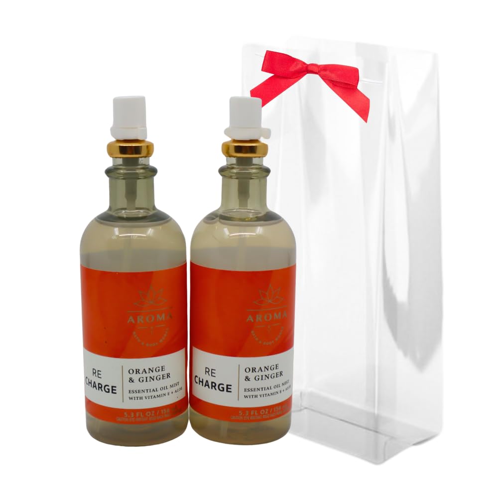 Bath & Body Works Aroma Recharge Orange & Ginger Essential Oil Mist 2-piece Gift Set with a Red Bow for Holiday - 5.3 fl oz Each