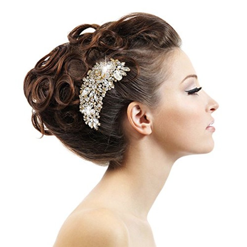 EVER FAITH Austrian Crystal 5 Inch Wedding Bridal Rose Flower Leaf Hair Comb for Woman Clear Gold-Tone