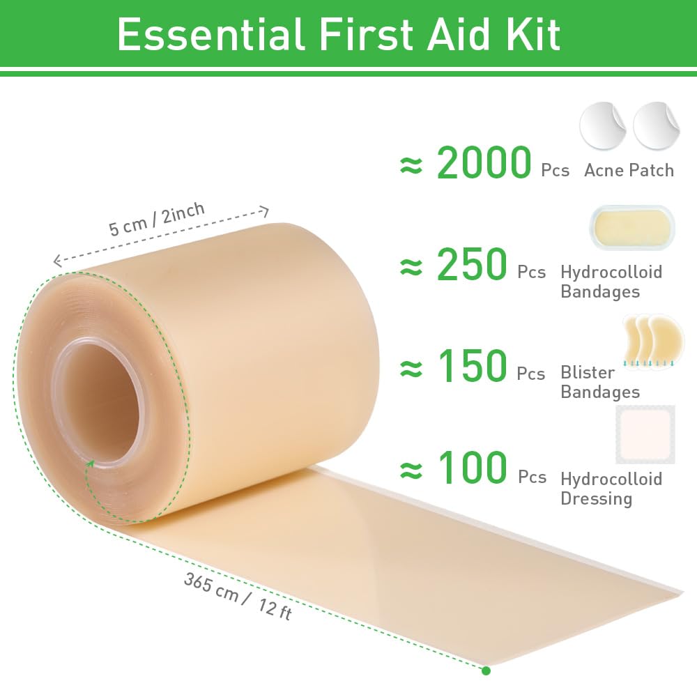 Hydrocolloid Roll for Wound Care 2in*12ft, Large Hydrocolloid Bandages Patch with Self-Adhesive Waterproof Ultra Absorbent Flexible DIY Size & Shape First Aid Kit Essential