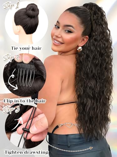KooKaStyle Ponytail Extension 26 Inch Drawstring Pony Tails Hair Extensions for Women Long Curly Ponytail Synthetic Hairpieces for Daily Use（6#-Dark Brown）