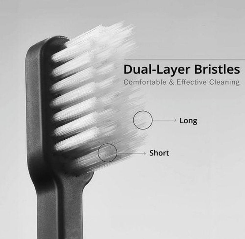 Minibox Folding Travel Toothbrush with Dual-Length Bristles & Case, Compact Mini Design for Business Trips, Camping, and Outdoor Activities, 4 Replaceable Brush Heads, Black