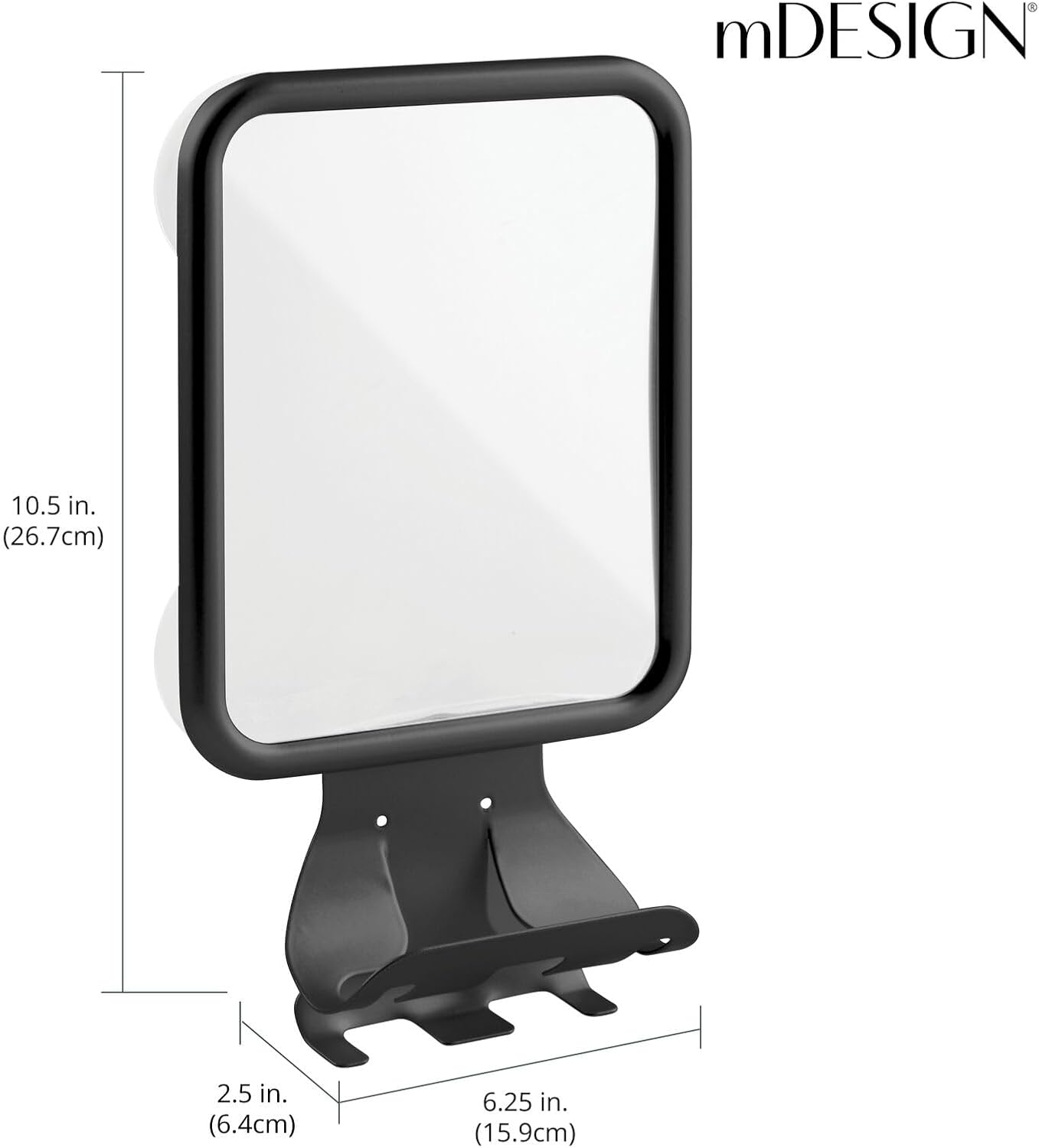 Large Matte Black Suction Shaving Mirror for Bathrooms - Includes Holders for Razors & Cream