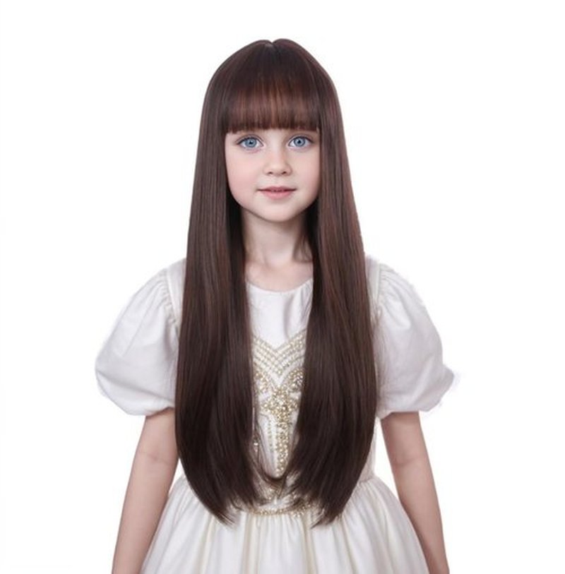 Ufindcos Brown Wig for Kids Long Brown Wig Long Straight Child Wig Brown Wig with Bangs for Girls 22 Inches Synthetic Wig With Wig Cap（Brown）
