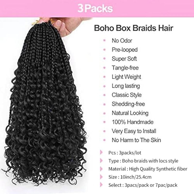 Boho Box Braids 10 Inch Crochet Hair Bohemian Crochet Box Braids with Curly Ends Goddess Box Braids Synthetic Crochet Hair for Black Women (#1B Pack of 3)