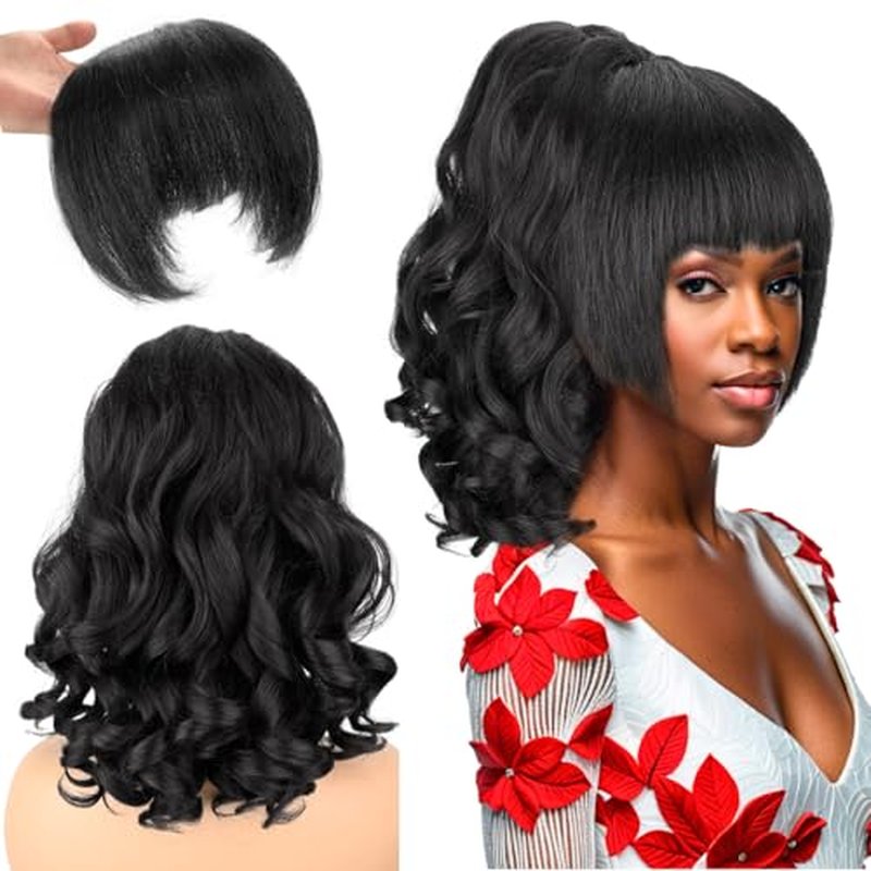 UAmy Hair Long Natural Black Drawstring Ponytail Extension for Women 18inch Loose Curly Ends Yaki Straight Drawstring Ponytail with Bangs Synthetic Kinky Straight Pony Tail Hairpieces for Daily Use