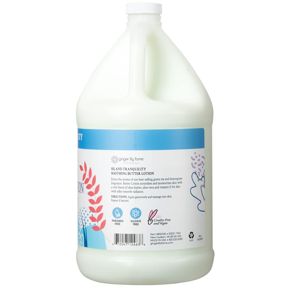 Ginger Lily Farm's Botanicals Soothing Butter Lotion for Dry Skin, Island Tranquility, 100% Vegan & Cruelty-Free, Green Tea Lemongrass Scent, 1 Gallon (128 fl oz) Refill