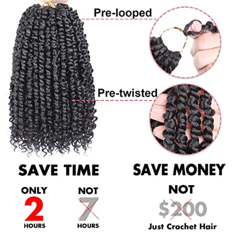 Leeven 8 Inch 8 Packs Pre-twisted Passion Twist Crochet Hair With Curls At The Ends Natural Black Pre-looped Short Bohemian Passion Twists Crochet Braiding Hair Extensions for Women 1B#