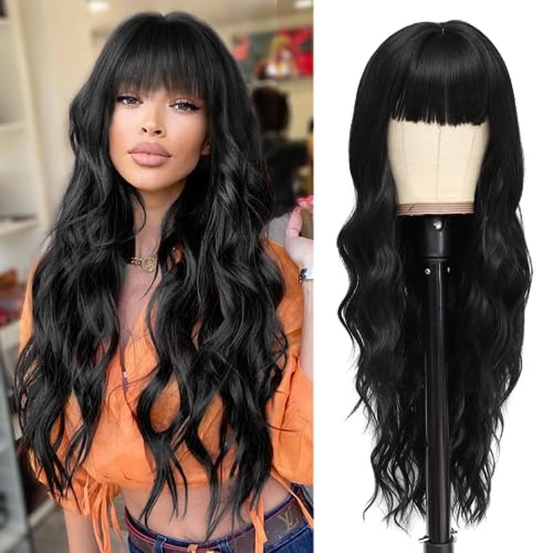 NAYOO Purple Wigs with Bangs for Women Long Curly Wavy Hair Wigs Heat Resistant Synthetic Fiber Wigs for Daily Party Use 26 Inches (Ombre Purple)