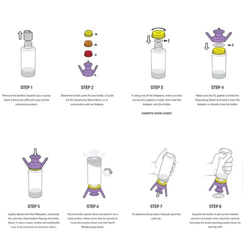 Flip-It! 2-Pack Bottle Emptying Kit – Gadget Gifts & Unique Xmas Gift – No More Wasted Product – Fits Most Plastic Bottles – Stocking Stuffer Gift Idea – 2 Base Caps, 6 Adapters – Bright Color Edition