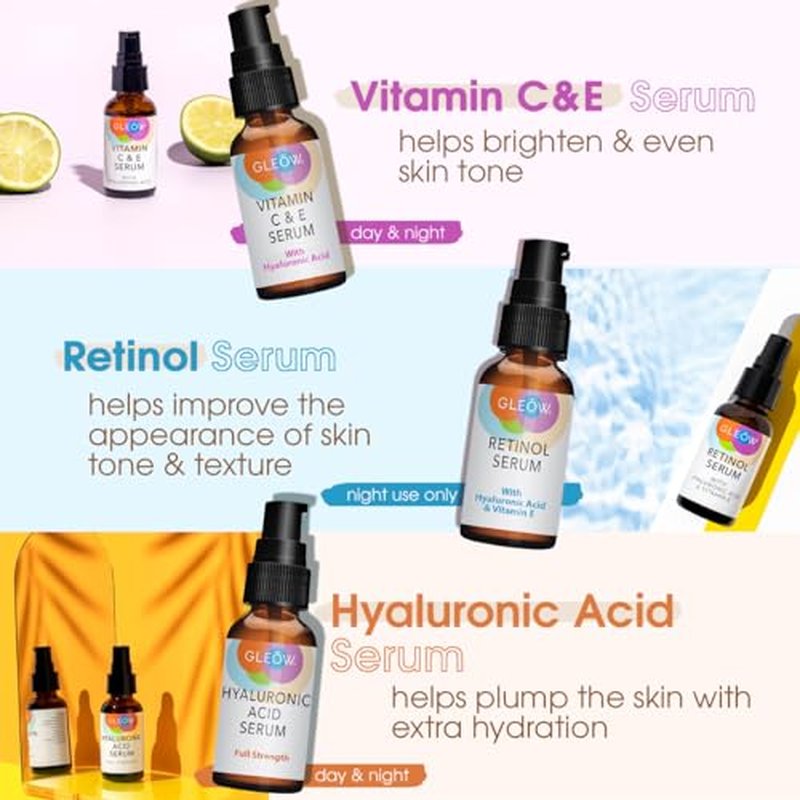 GLEOW Retinol Serum for Face - Vitamin C Face Serum with Hyaluronic Acid Serum for Face - Vitamin C Serum for Face - Retinol for Face - Hydrating Face Serum for Women and Men 3x1oz - Glow Face Serums