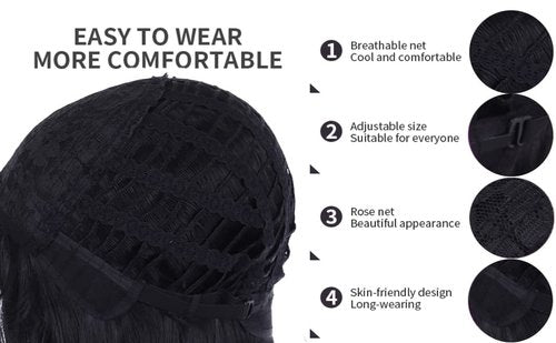 WTHCOS Black Wigs for Women Short Curly Wig Synthetic Curly Bob Wig for Girl 14 Inches Natural Looking Wavy Wigs for Cosplay Costume Party with Wig Cap