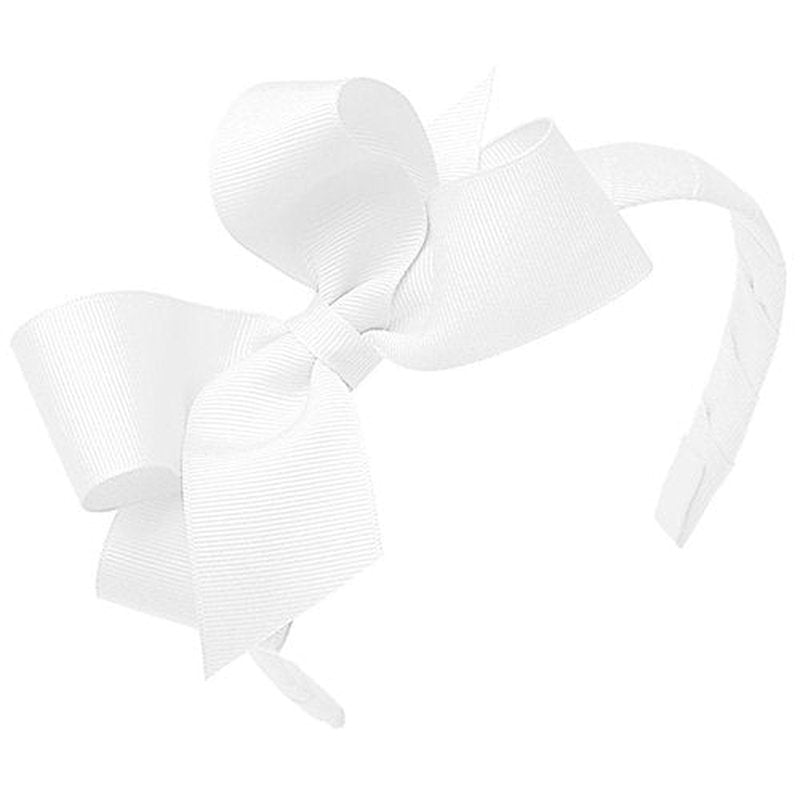 Wee Ones Girls' Classic Grosgrain Hair Bow on a Wrapped Headband, Stylish For All Hair Types, Medium Bow, White