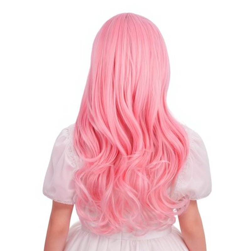 Edivd Kids Pastel Pink Wig Long Pink Wig with Flat Bangs for Child Long Light Pink Wavy Curly Wig for Girls Heat Resistant Synthetic Wig with Wig Cap