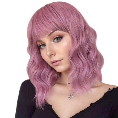 VCKOVCKO Pastel Wavy Wig With Air Bangs Women's Short Bob Purple Pink Wigs Curly Wavy Shoulder Length Pastel Bob Wigs Synthetic Wig for White Women Girls Daily Use Colorful Wigs(12", Purple Pink)