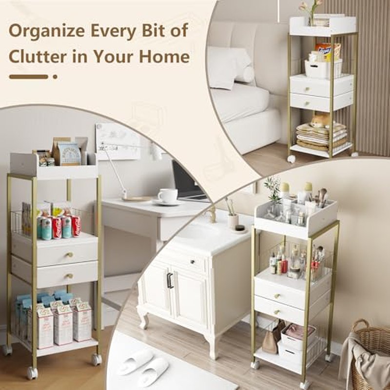 Makeup Organizer Cart Shelf Floor Skincare Organizers Make Up and Station Storage Cabinet For Vanity Standing Cosmetics With Drawers and Wheels For Nail Polish Perfume Hair Tool Holder Beauty(Gold)
