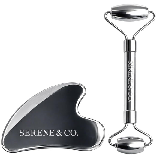 Serene & Co. Premium Stainless Steel Gua Sha & Face Roller Set – Facial Massage Tools for Skincare Routine – Cooling Metal Roller & Sculpting Gua Sha