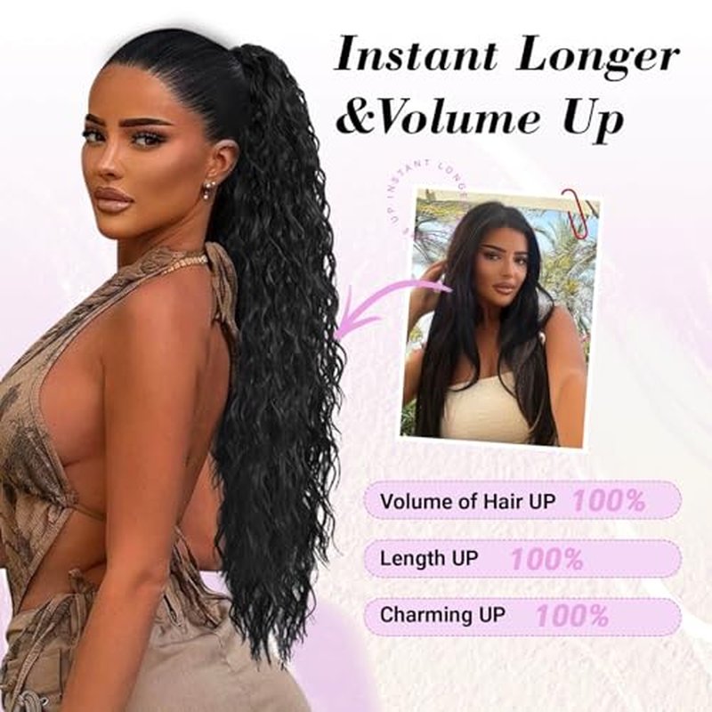 MARJORIE Ponytail Extension,Long Curly Wavy Claw Clip Ponytail Extension 30inch Pony Tails Hair Extensions Black Fake Ponytail Fluffy Natural Clip in Ponytail Hairpiece for Women