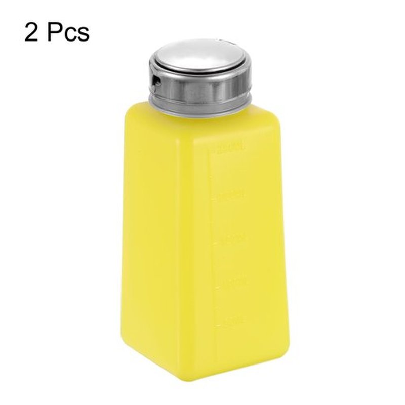 HARFINGTON 2pcs Solvent Alcohol Dispenser 250ml(8.8oz) Nail Polish Remover Push Down Liquid Dispenser Pump Bottle with Stainless Steel Press Head for Acetone Cleanser Polish Remover, Yellow
