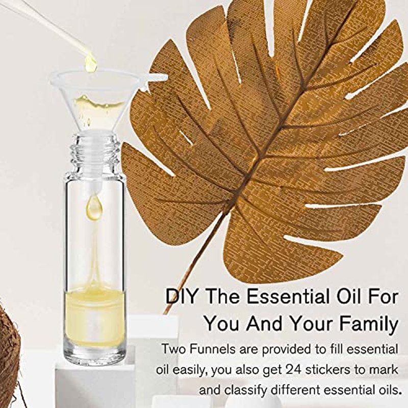 PrettyCare Essential oil Roller Bottles for Oils 10ml Glass Clear Perfume Bottles Empty with Extra Roller Balls, Opener, Funnel, Pipette, Labels, 4pack Roll on Bottles