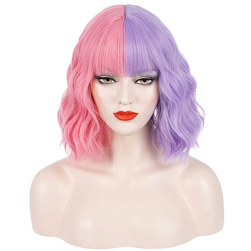 PATTNIUM Pink Purple Wig Short Curly Wig Half Pink Half Purple Wig with Bangs Split Wig Two Color Wig for Women Girls Heat Resistant Synthetic Hai Cosplay Costume Wig (Pink and Purple)