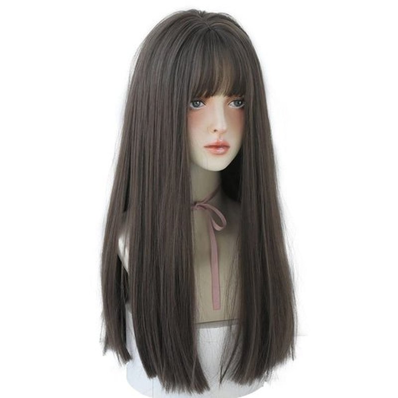 URCGTSA 22 Inches Long Straight Hair Wig for Women Natural Synthetic Brown Hair Wigs With Bangs Party Cosplay Wig for Girl (Light Brown)