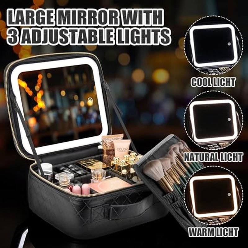 Extrei Gent Makeup Travel Train Case With LED Lighted Mirror, Portable Waterproof 3-Color Adjustable Brightness Professional Makeup Bag with Dividers Makeup Brush Accessories and Toolkit