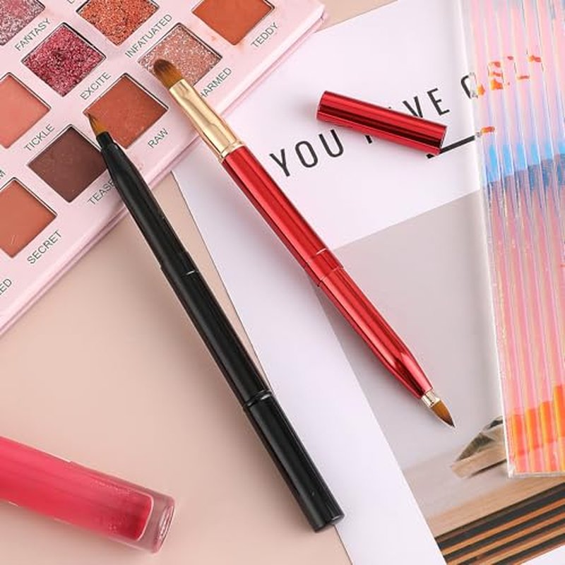 2 Pack Retractable Lip Brush for Lipstick with Cap, Double-Ended Lip Makeup Brushes Retractable Lip Gloss Lipstick Brush Applicator Travel Black Red
