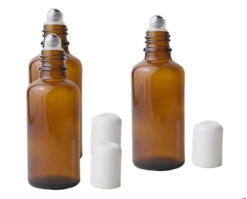 3PCS 50ml Empty Refillabl Amber Glass Roller Bottle With Stainless Steel Balls And White Screw Cover For Essential Oil Lip Balms Perfume