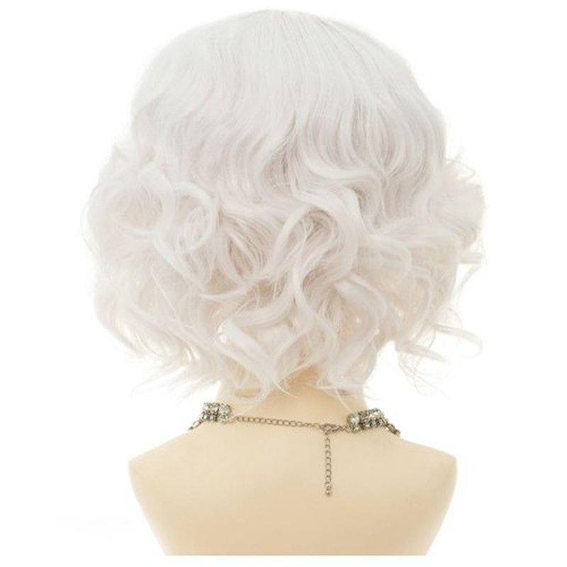 Dai Cloud Short White Bob Wig with Bangs for Women Synthetic Curly Natural Heat Resistant Fiber Hair Wig for Cosplay Daily Use