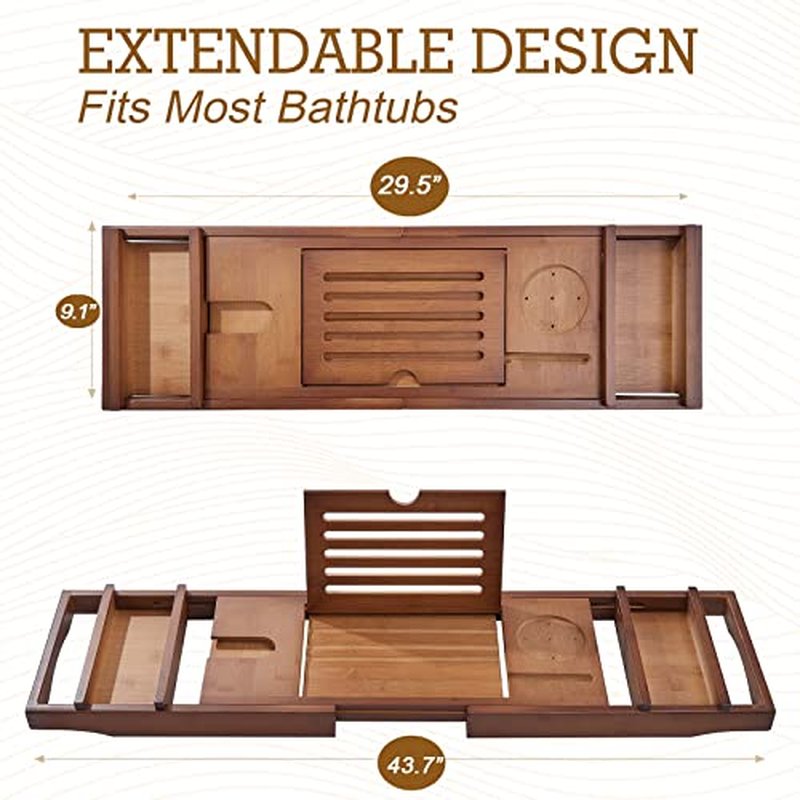 Headley Tools Bathtub Tray, Expandable Bath Tray with Wine and Book Holder - Bathtub Caddy for Luxury Bath, Adjustable Bath Tray for Tub-Great Gift for Women/Men (Brown Color)