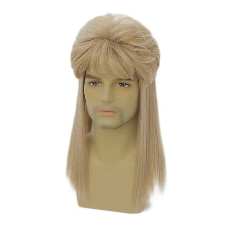 Dai Cloud Blonde Mullet Wigs 80s Long Mens Straight Shoulder Synthetic Wig for Rocker Punk Wig Halloween Costume Wigs