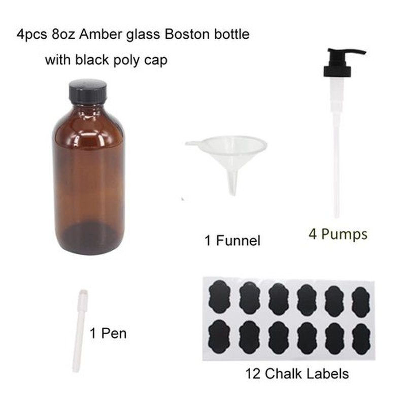 BPFY 4 Pack 8 oz Amber Glass Pump Bottles, Boston Round Bottles with Pumps for Lotion, Soap, Massage Oils, Refillable Containers with Caps