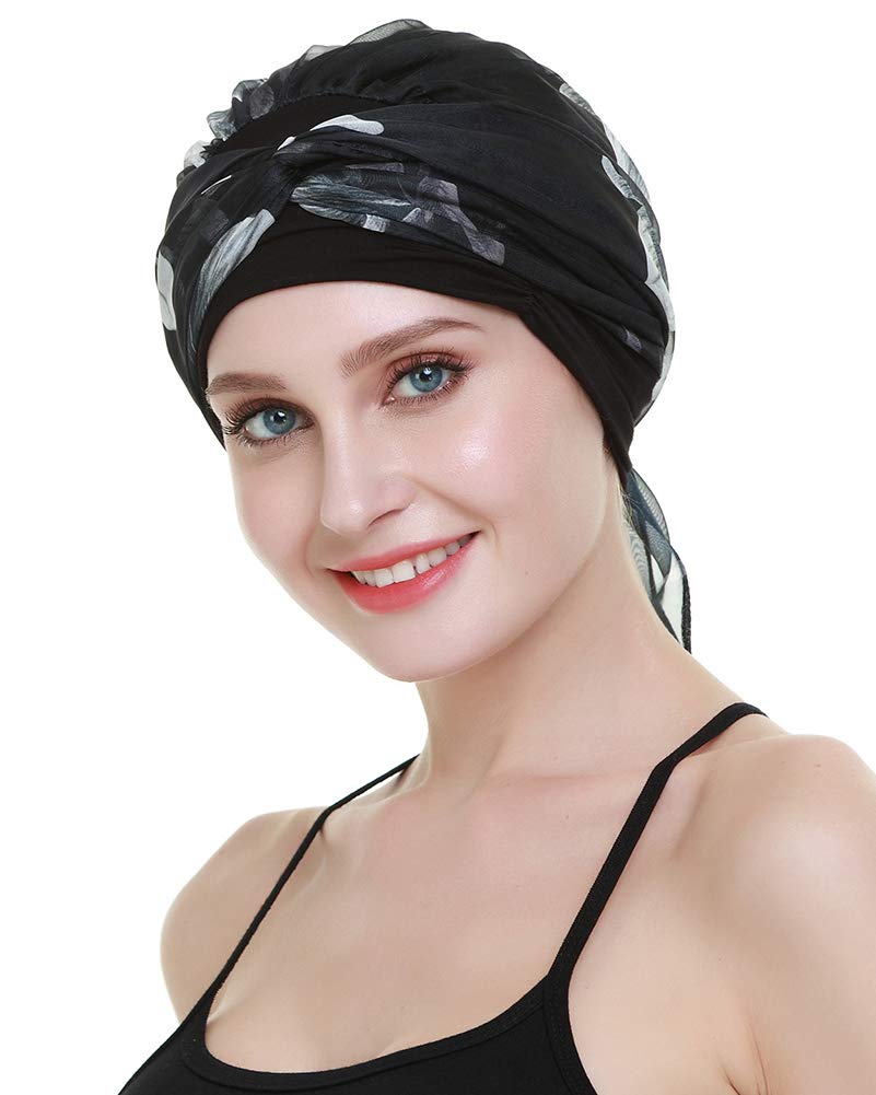Chemo Caps for Women Light Weight Cancer Scarf Feminine Head Cover for Long Hair Girls White Flowers
