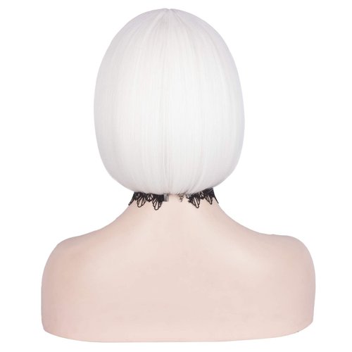 WeKen Bob White Wigs with Bangs Short White Full Bangs Wig for Black White Women Synthetic Halloween Cosplay Wig Daily Use 11 Inch