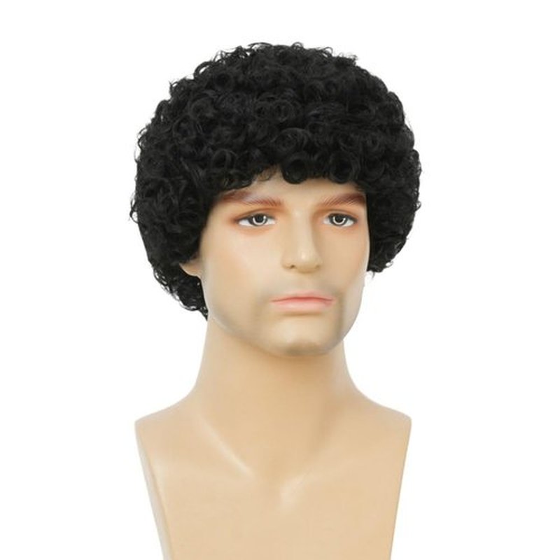Salaibs Mens Black Afro Curly Wig Short Rocker Wig California Halloween Cosplay Costume Synthetic Replacement Wigs