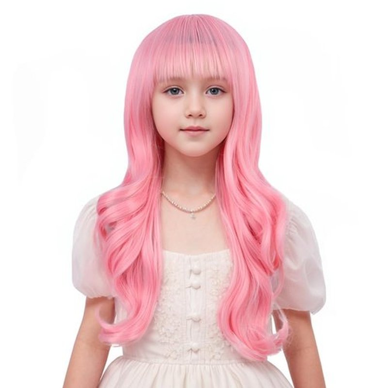Edivd Kids Pastel Pink Wig Long Pink Wig with Flat Bangs for Child Long Light Pink Wavy Curly Wig for Girls Heat Resistant Synthetic Wig with Wig Cap