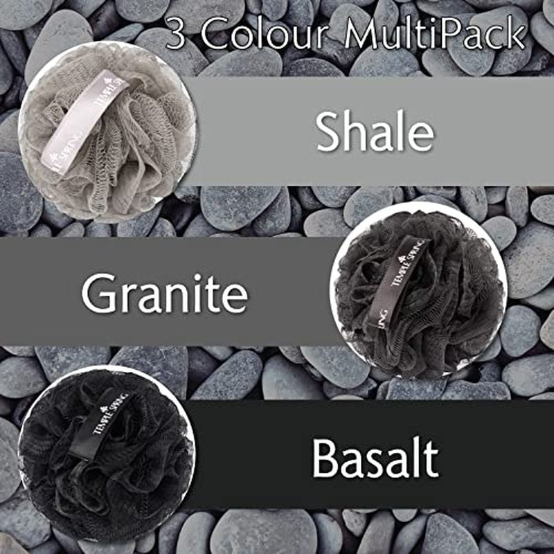 Temple Spring Shower Loofahs 3 Pack - Natural Recycled Shower Puffs for Body Set for Men and Women - Loofah Exfoliating Body Scrubber, Bath Poufs or Shower Scrunchie - Pebble Beach