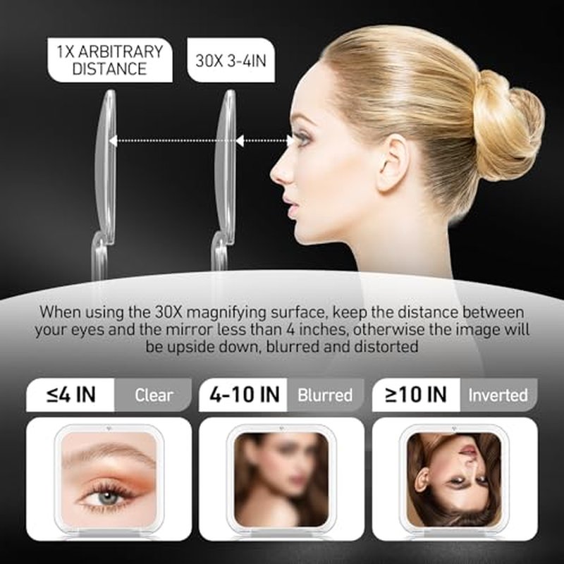 Compact Mirror, 30X Magnifying Mirror, Square Travel Makeup Mirror, 3.3x3.3 inch Small Pocket Mirror, 2-Sided Travel Essential Mirror, Women's Magnetic Portable Mirror with Precision Tweezers, Black
