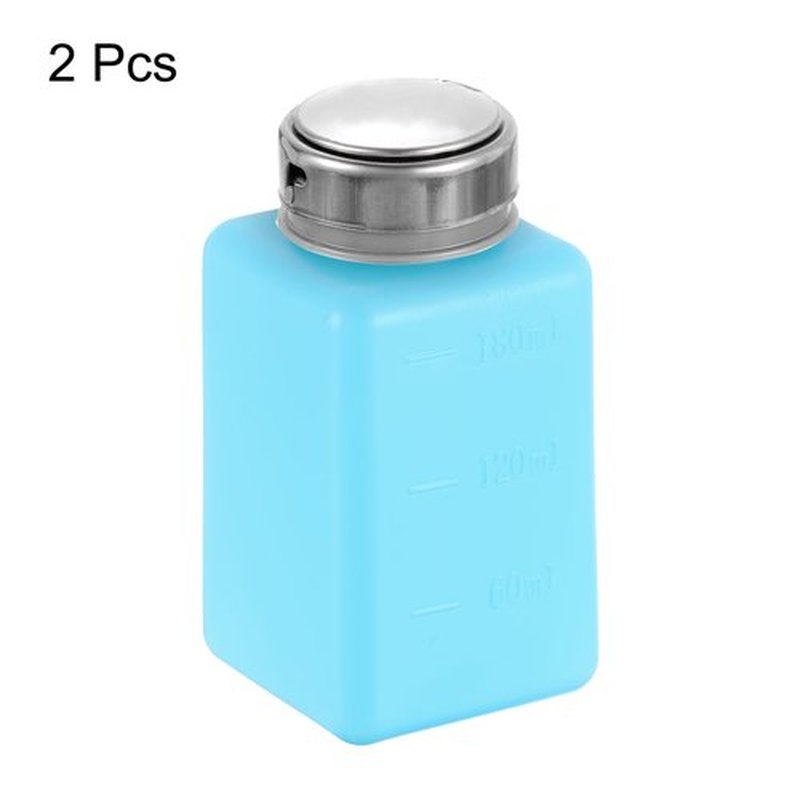 HARFINGTON 2pcs Solvent Alcohol Dispenser 180ml(6.1oz) Nail Polish Remover Push Down Liquid Dispenser Pump Bottle with Stainless Steel Press Head for Acetone Cleanser Polish Remover, Blue