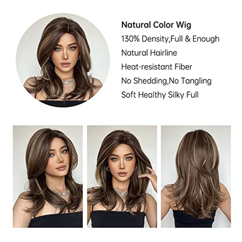 PATTNIUM Brown Blonde Wig for Women Long Wavy Brown Wigs Brown Mixed Blonde Wigs Shoulder Length Layered Wig Heat Resistant Synthetic Wig with Wig Cap(Brown Mixed Blonde)