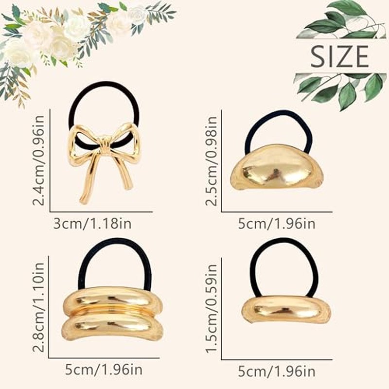 Hair Ties for Women Bowknot Gold Hair Cuff Gold Bow Ponytail Cuff Metal Hair Ties Geometric Elastic Hair Ties for Women Gold Hair Accessories Ponytail Hair Ties for Thick Hair 4PCS (style-01)