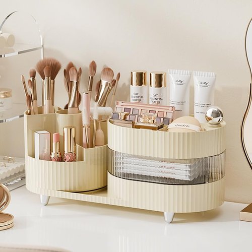 Rotating Makeup Organizer for Vanity with Brush Holder and Drawer, 3 Layer Cosmetic Makeup Storage, Large Makeup Skincare Organizer, Countertop Makeup Perfume Organizer, Lotions Display Case (Ivory)