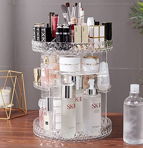 Cq acrylic 360 Degree Rotating Skin Care Organizer Countertop For Vanit,Adjustable Make up Holder Height,Clear Plastic Spinning Makeup Organizer for Skincare Beauty Product Bathroom Organizer,1Pcs