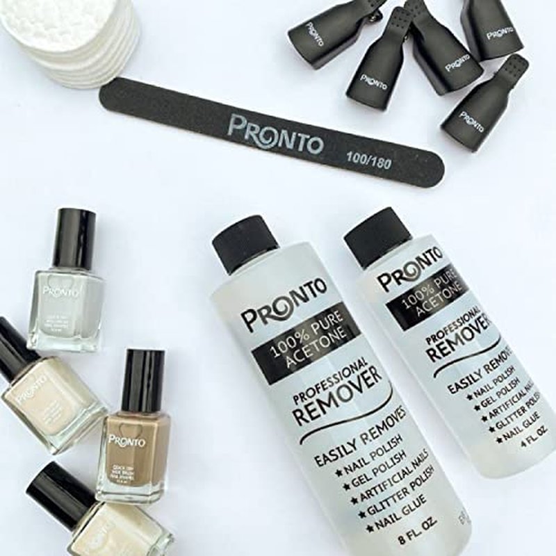 Pronto Acetone Nail Polish Remover 8 Fl Oz with Manicure Kit - Includes Nail File, Buffer, Pusher, Scraper - Pure Acetone 100 Percent - Quick & Professional Gel Acrylic Nail Remover Kit