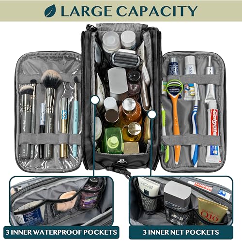 PAVILIA Toiletry Bag for Men Women, Mens Travel Bag Toiletries Organizer Case for Grooming, Travel Essentials Shaving Dopp Kit, PU Leather Water Resistant Cosmetic Pouch, Black