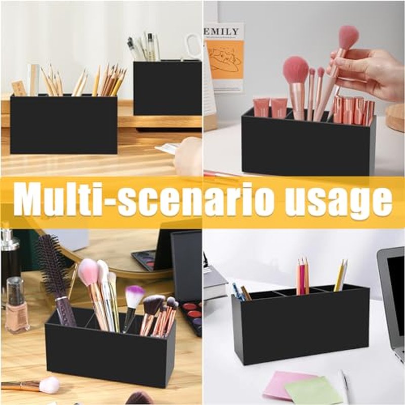 Cerpourt Black Makeup Brush Organizer,Acrylic Cosmetic Brushes Storage Holder with 3 Slots,Pencil Pen Holder for Desk,Desk Organizer and Accessories for Vanity